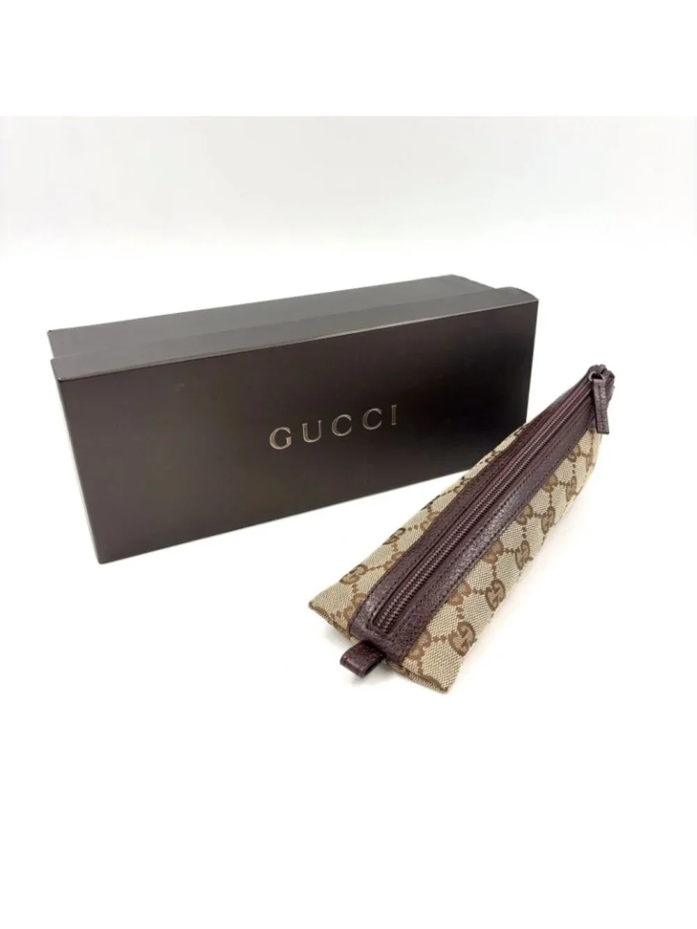 Gucci GG Canvas Leather Brown Triangle Pen Pouch